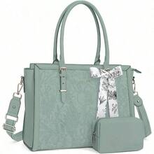 MOSISO Laptop PU Cuero Tote Bolsa para Mujer15.6-16 Pulgadas Compatible con MacBook HP  Asus Portátil Frente en Relieve Retro Hibiscus Bolsa con Bufanda de SedaandMonedero Pequeño Verde Antiguo - Multicolor - Ver 1