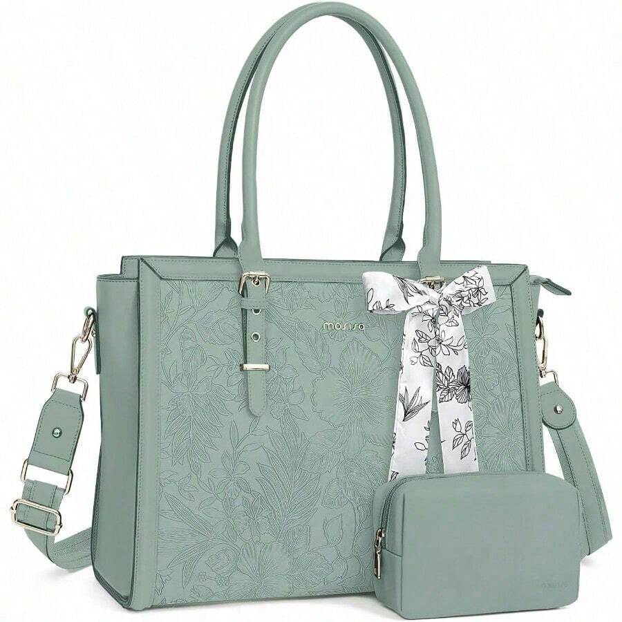 MOSISO Laptop PU Cuero Tote Bolsa para Mujer15.6-16 Pulgadas Compatible con MacBook HP Asus Portátil Frente en Relieve Retro Hibiscus Bolsa con Bufanda de SedaandMonedero Pequeño Verde Antiguo - Multicolor - Ver 1