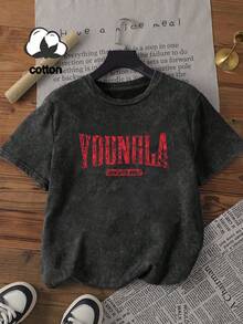 Plus Size Women's Summer Cotton T-Shirt - Distressed Texture Effect With Prominent English Words "ESTD" And "SPEED" Streetwear Style Text Graphics, Suitable For Women's Valentine's Day, Vacation, Summer Outfits, Valentine's Day Outfit, Tops, Summer Clothing, Plus Size Women's Wear, Valentine's Day Outfit, Valentine's Day Apparel - Black - View 2