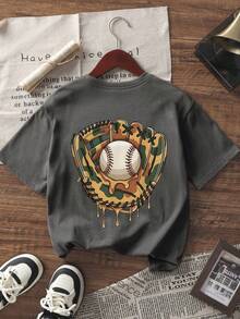 1pc Tween Boy Casual Baseball Sports Graphic Print Short Sleeve T-Shirt, Summer Top For Young Male Students - Dark Grey - View 5