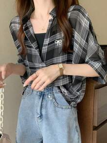 2026春夏格子印花女士休闲短袖衬衫 - 黑色 - 查看 3