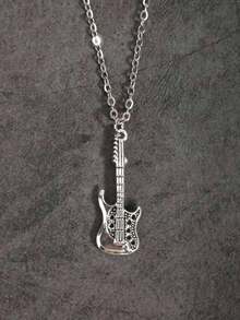 Kalung Liontin Gitar Musik Hip-Hop Eropa & Amerika, Aksesori Liontin Rantai Sweater Stainless Steel, Kalung untuk Pria - Perak - View 1