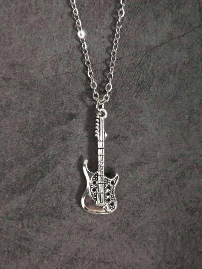 欧美嘻哈音乐吉他吊坠项链，不锈钢毛衣链吊坠配饰，男士项链
