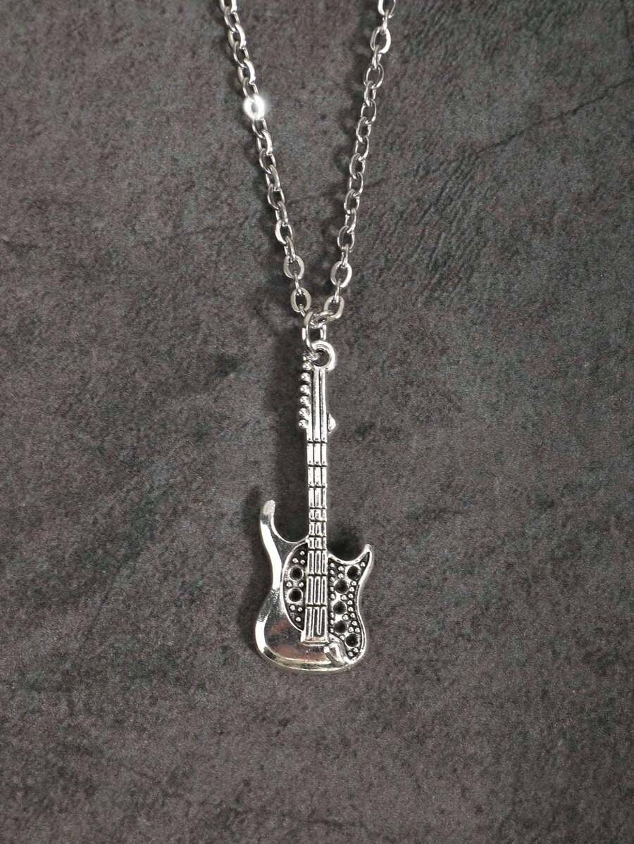Kalung Liontin Gitar Musik Hip-Hop Eropa & Amerika, Aksesori Liontin Rantai Sweater Stainless Steel, Kalung untuk Pria - Perak - View 1