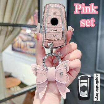 1pc Fashion Pink Bowknot Rhinestone TPU BMW Car Smart Key Fob Cover, Fit For BMW 1/3/4/5/6/7 Series X1/X3/X4/M5/M6/GT3/GT5 Keyless Entry, Anti-Scratch Anti-Shock, Stylish Key Chain Decor, For Car Key Accessory