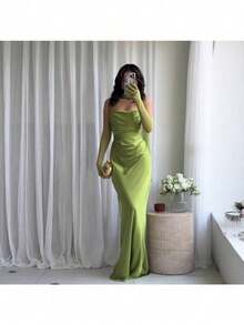 New Fashion Temperament Slim-Fit Solid Color Slim-Fit Dress Including Scarf - 綠色 - 查看 5