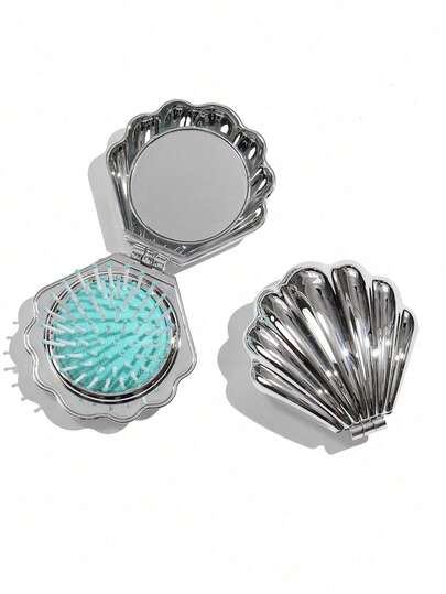 1pc Lightweight & Portable Travel Electroplated Shell Folding Mirror Comb, With Mirror, Ideal For Back To School, Travel, And Daily Use. Foldable Design, Hair Styling Tool, Hair Care Accessory.