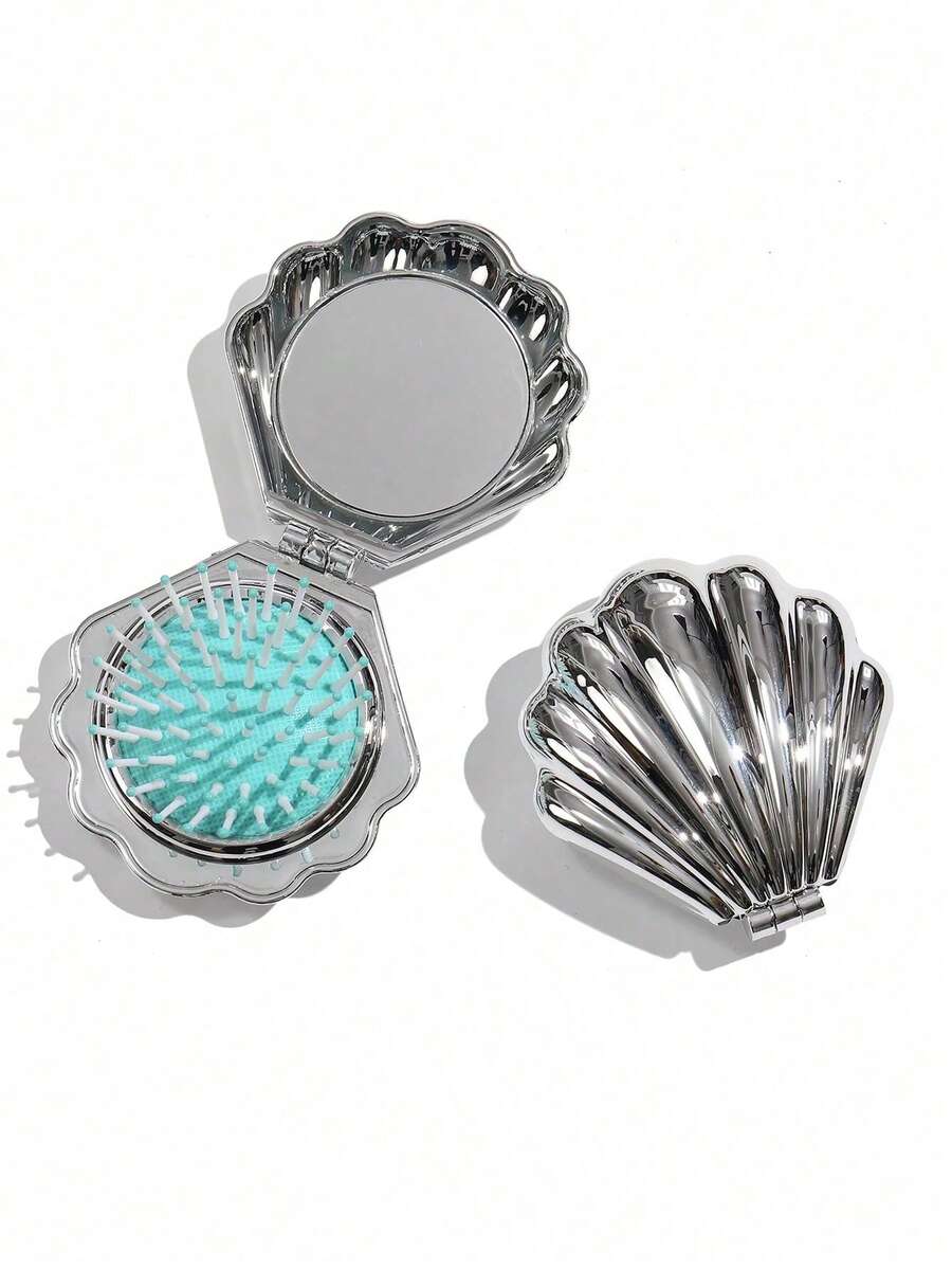 1pc Lightweight & Portable Travel Electroplated Shell Folding Mirror Comb, With Mirror, Ideal For Back To School, Travel, And Daily Use. Foldable Design, Hair Styling Tool, Hair Care Accessory. - Multicolor - View 1
