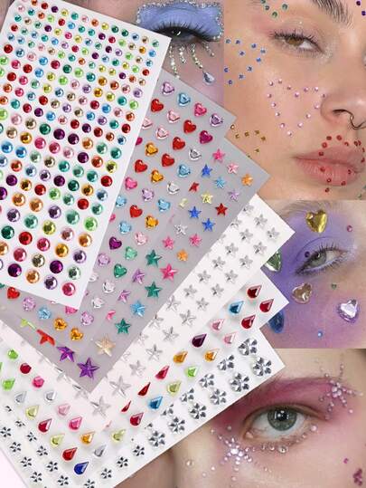 6 piezas/1 pieza de pegatinas de diamantes de imitación de varios diseños geométricos autoadhesivos, diamantes de cristal simulados, en forma de corazón, pentágono, flor, gota, para decorar la cara, ojos, cola, cabello, para manualidades DIY, carnaval, San Valentín, Halloween, Navidad, Día de la Madre, fiestas, festivales de música, decoración facial y de uñas