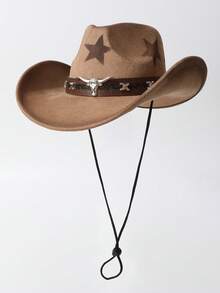 1pc Unisex Handmade Painted Star Pattern Ombre Windproof Rope Wide Brim Hat, Fashion New Faux Leather Band Western Cowboy Hat, Versatile Casual Fedora, Suitable For Daily Wear, Parties, Western Themed Events, Gatherings, Cosplay, Graduation, Masquerade, Festivals, Birthdays, Concerts - Top Hat - View 4