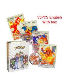 pokemon 55张宝可梦动漫人物卡牌，VSTAR GX EX VMAX 黑/银/金箔宝可梦卡牌，英文/法文/德文/西班牙文动漫游戏卡牌，创意桌面游戏卡组，适合收藏