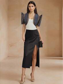 Amyenjoylife 现代菲律宾风格几何印花优雅泡泡袖衬衫 - 藍色 - 查看 3