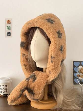 1pc Floral Polar Fleece Balaclava, Women's Knitted Knitted Lined Windproof Warm Earflap Hat Scarf Set For Autumn/Winter