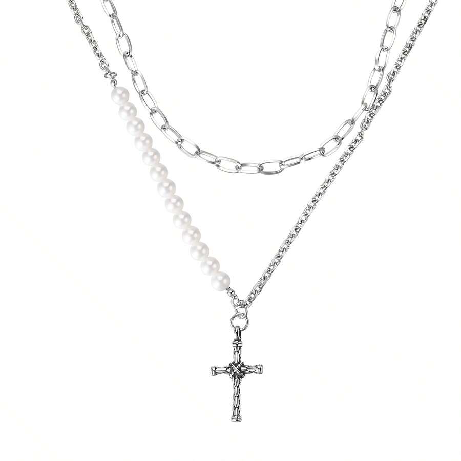 Women's Fashion Multi-Layer Cross Stainless Steel Necklace Paperclip Pearl Necklace Silver - Bạc - Xem 1