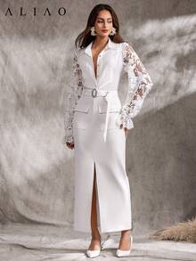 A&A 精致蕾丝刺绣镂空荷叶边长袖衬衫，全白色，适合女士早午餐装扮和返校装扮 - 白色 - 查看 5