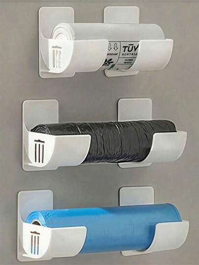 4件套可调节垃圾袋架 - 无孔厨房收纳架，可放置垃圾袋、保鲜膜、雨伞和擀面杖 - 水槽/橱柜/冰箱下方收纳方案