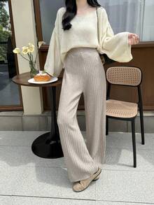 2026 Women's Spring Solid Color High Waist Loose Fit Wool Knit Pants, Casual Versatile Wide Leg Trousers, Slimming - Camel - View 3