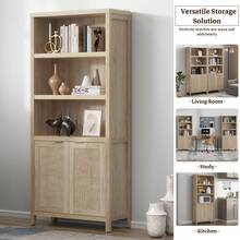 SICOTAS Bookcase 71" Tall Bookshelf 5 Tier Rattan Boho Bookcase With Doors Storage Large Book Case Shelf Farmhouse Bookshelves Library Book Shelves For Living Room Bedroom Home Office Kitchen - Reclaimed Light Oak - View 10