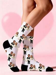 1 Pair Customized Cartoon Black & White Print Socks For Couples Personalized Soft Elastic Breathable Socks - White - View 5