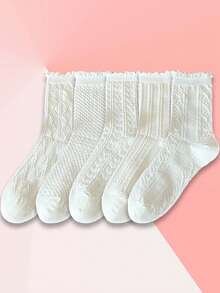 5 双女士纯黑白色长筒蕾丝透气网眼绒袜，甜美女孩学院风 JK 百搭中筒袜，秋季 - 黑色 - 查看 12