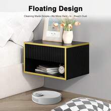 Floating Nightstand Set Of 2, Night Stand With Open Shelf And Fluted Drawer, Modern Wall Mounted Bedroom Furniture, Gold Border Side Table, Room Deocr, White/ Black - 黑色 - 查看 6