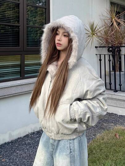 洗水短款美式休闲街头夹棉大衣，可拆卸衣领，男女通用解构风格街头服饰