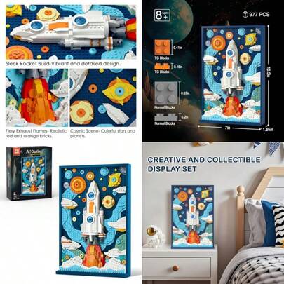 Set de construcción de cohete espacial de micro ladrillos, kit de manualidades de modelo de cohete espacial 3D para decoración de pared, hogar u oficina, o ideas de exhibición en mesa, juguete de construcción excelente para introducir la ciencia espacial para adultos y adolescentes de 8 años en adelante