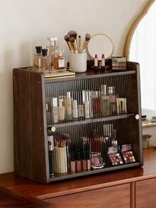 无框厨房储物盒，亚克力推拉门，复古风格，非常适合存放小物件和玻璃器皿，梯形设计，方便放置于台面，安装简便。 - 胡桃色 - 查看 4