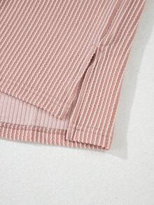 Acelitt Summer Casual Solid Color Loose Knit Textured Striped Crew Neck Short Sleeve T-Shirt - Baby Pink - View 9