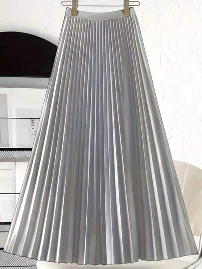 Lightweight, Elegant & Romantic Pleated Design Solid Color Skirt, Suitable For Brunch Occasions, Spring/Summer