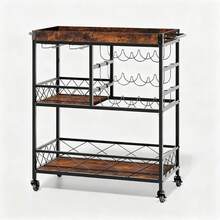 Carrito multifuncional para cocina y comedor, carrito de almacenamiento con ruedas de madera estampada retro de 31.5 pulgadas (con estante para vino) - Marrón - Ver 4