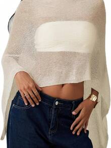 Women Sheer Knit Crochet Poncho Top Mesh Off Shoulder Shrug Summer Asymmetrical Shawl See Through Bolero Cover Up Tops - 杏色 - 查看 3