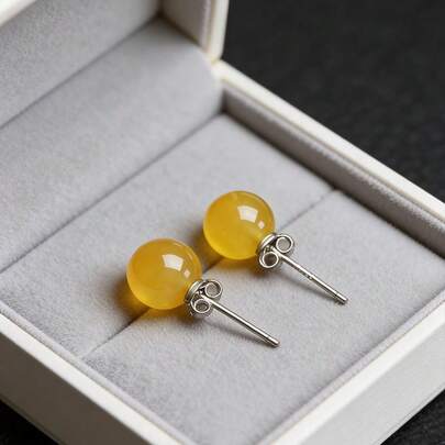 1 Pair Minimalist Pure Silver & Yellow Agate Stud Earrings, Natural Green Gemstone Jewelry, Elegant Small Daily Wear 925 Sterling Silver Hypoallergenic Earrings, Birthday Gift For Girlfriend/Best Friend, French Tiny Earrings For Summer, Commute, Date, Vacation