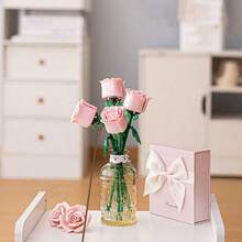 1件/3件装积木拼装仿真玫瑰花，蓝玫瑰、红玫瑰、粉玫瑰，积木花，永生花，室内装饰，卧室装饰，桌面装饰，适合情人节、圣诞节、新年（不含花瓶） - 彩色 - 查看 5