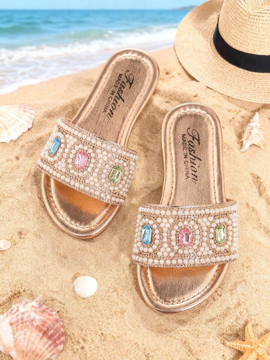 1 Pair Girls' Beach Slippers, Colorful Gemstone Geometric Pattern With Pearl Decor, Faux Leather Material, Non-Slip Sole, Open Toe Flat Style, Luxurious Resort Vibe, Suitable For Summer Beach And Strolling - Champagne - View 1