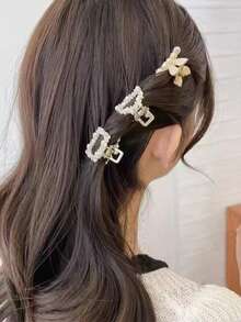 6pcs Women's Hair Clips Decorated With Faux Pearl And Rhinestone, Suitable For Updo Hairstyles Hair Accessories Flower Hair Clip Fashion Claw Clip Elegant Hair Claw - Gold - View 2