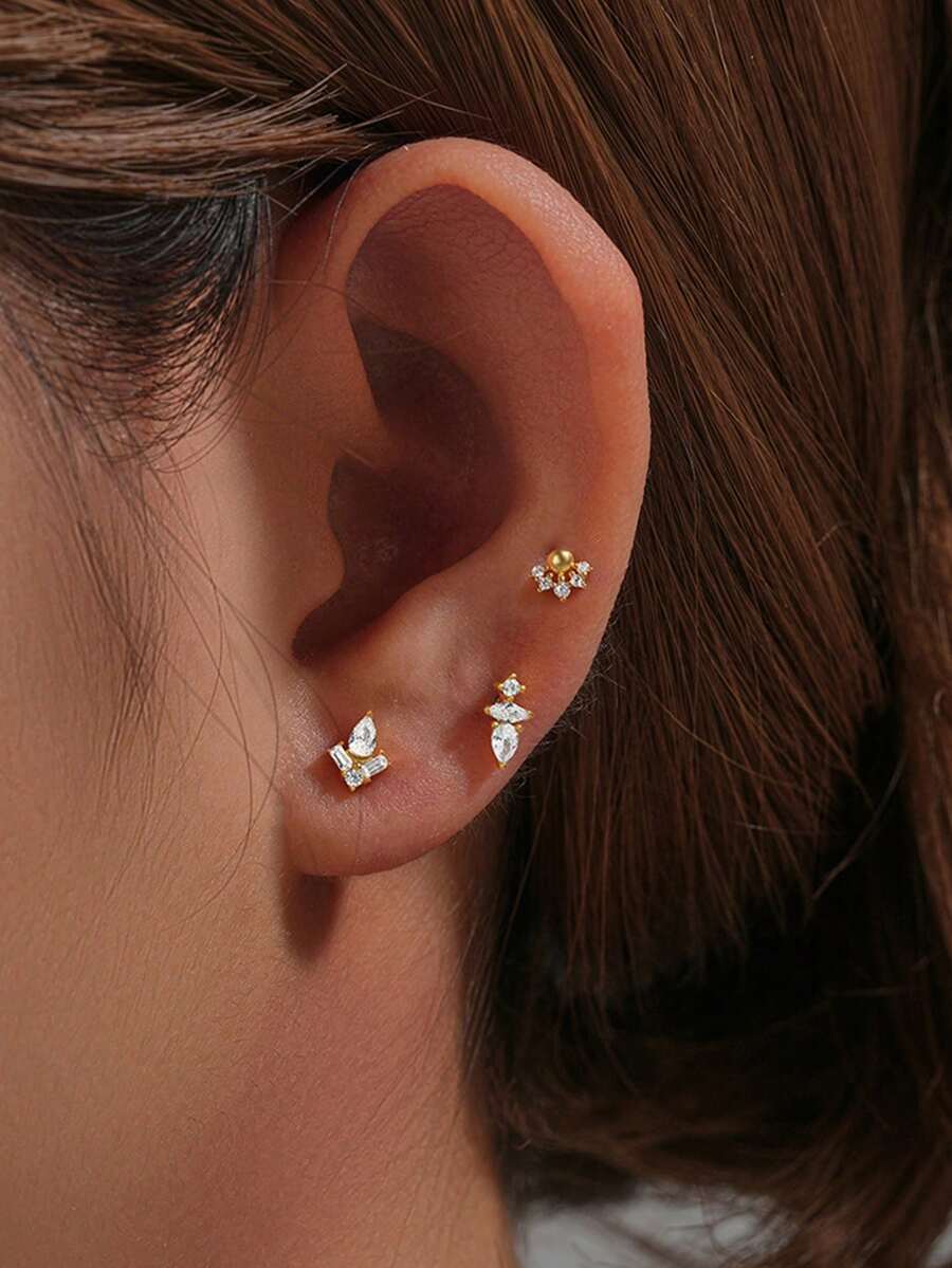 1 pieza Pendiente de tuerca con forma de flor, de cobre con cuentas y circonita cúbica, de diseño delicado, con rosca interna, para perforaciones en cartílago, trago, daith, hélix, concha, snug, lóbulo superior, rook, nariz y otras perforaciones corporales, hipoalergénico, para mujeres y niñas, 16G - Un par de pendientes de circonita esférica de fondo plano. - Ver 1