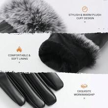 Womens Leather Gloves,Winter Black PU Leather Gloves For Women Touchscreen Fur Cuff Warm Soft Driving Texting Glove - 黑白 - 查看 4