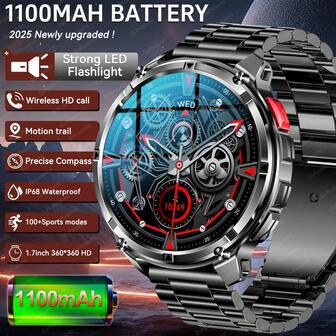 KENPANG 1 st. 2026 Ny 1,7" Smartklocka med stor pekskärm för män, med 1100 mAh batteri med lång livslängd, ljusstark LED-ficklampa, trådlösa samtal, röstassistent, påminnelse, kompass, sportmätning, fitnessövervakning, IP68 vattentät, kompatibel med iOS och Android