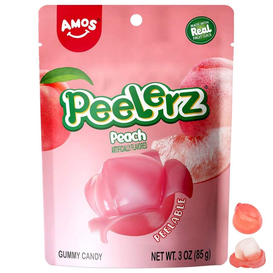 AMOS Peelerz Peach Gummy Candy 3oz Bag Peelable Fruit-Shaped Candy Fun Peeling Gummy Snack Made With Real Juice - 桃 - 查看 1