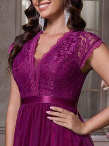 Women's V-Neck Lace Patchwork Zipper Sequin Patchwork Bridesmaid Dress For Wedding Guest, Homecoming, Party, Prom, Formal Event, Evening Gowns, Spring/Summer/Autumn - Red Violet - View 7