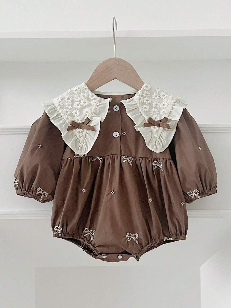 Newborn Baby Girl Floral Embroidered Butterfly Collar Long Sleeve Bodysuit, Spring/Autumn - Brown - View 1