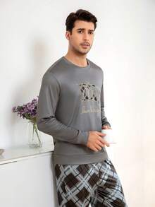 Men's Printed Crew Neck Long Sleeve Casual Comfortable Pajama Set, Spring/Autumn - Multicolor - View 5
