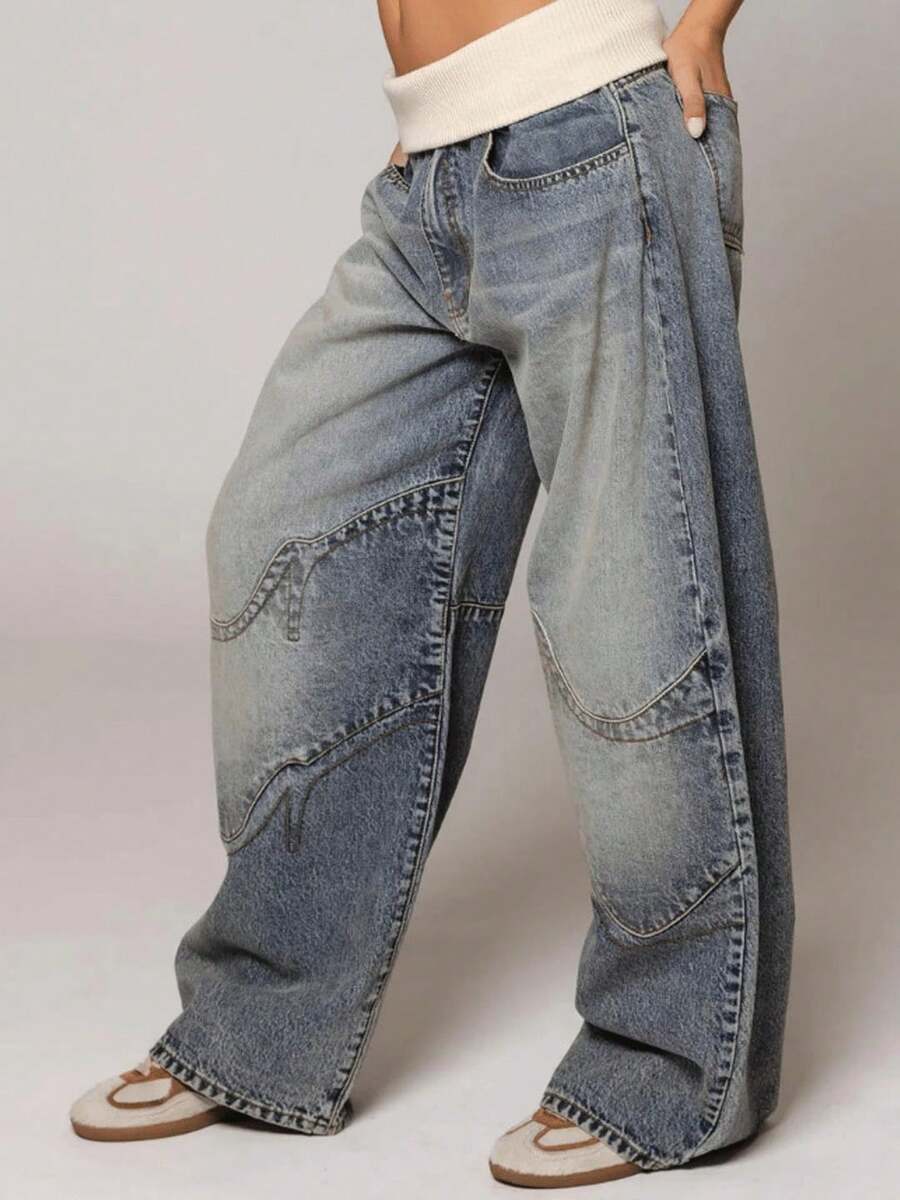 Jeans Pants For Women Fashion Loose Fit Casual Low Rise Denim Pants Y2K Retro Streetwear - 藍色 - 查看 1