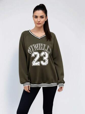 Sudadera holgada con estampado para mujer, cuello en forma de corazón de color contrastante, manga larga, uso casual diario