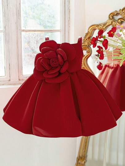 女童无袖3D立体花朵层叠优雅蓬蓬生日派对连衣裙，适合学校舞会、郊游等场合，不含头饰