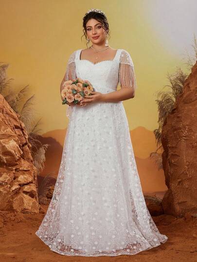 MGIACY New Arrival V-Neck Off Shoulder Delicate Large Size Wedding Dress Embroidery Ruffle Hanging Bead Chain Short Sleeve Long Dress