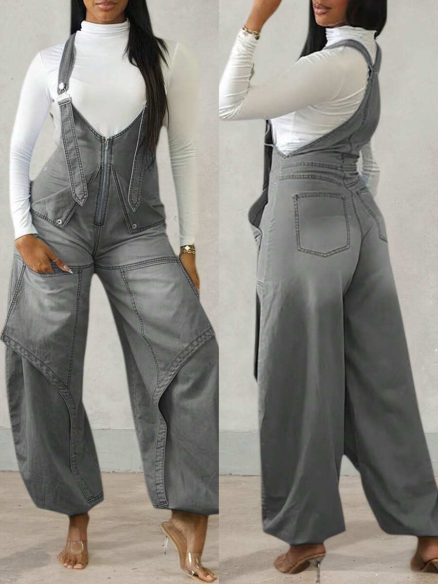 Women's Casual Denim Suspender Jumpsuit: Zipper Design & Wide-Leg Fit - Fashion Essential For Commute, Travel & Daily Occasions - 灰色 - 查看 1