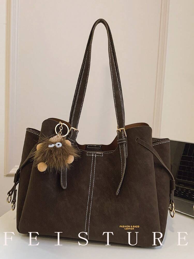 1pc FEISTURE Large Capacity PU Tote Bag, Fashion Shoulder Bag With Pendant, Suitable For Girls, Women, College Students, Young Professionals, Great For Work, Business, Commute, School - Coffee - View 4