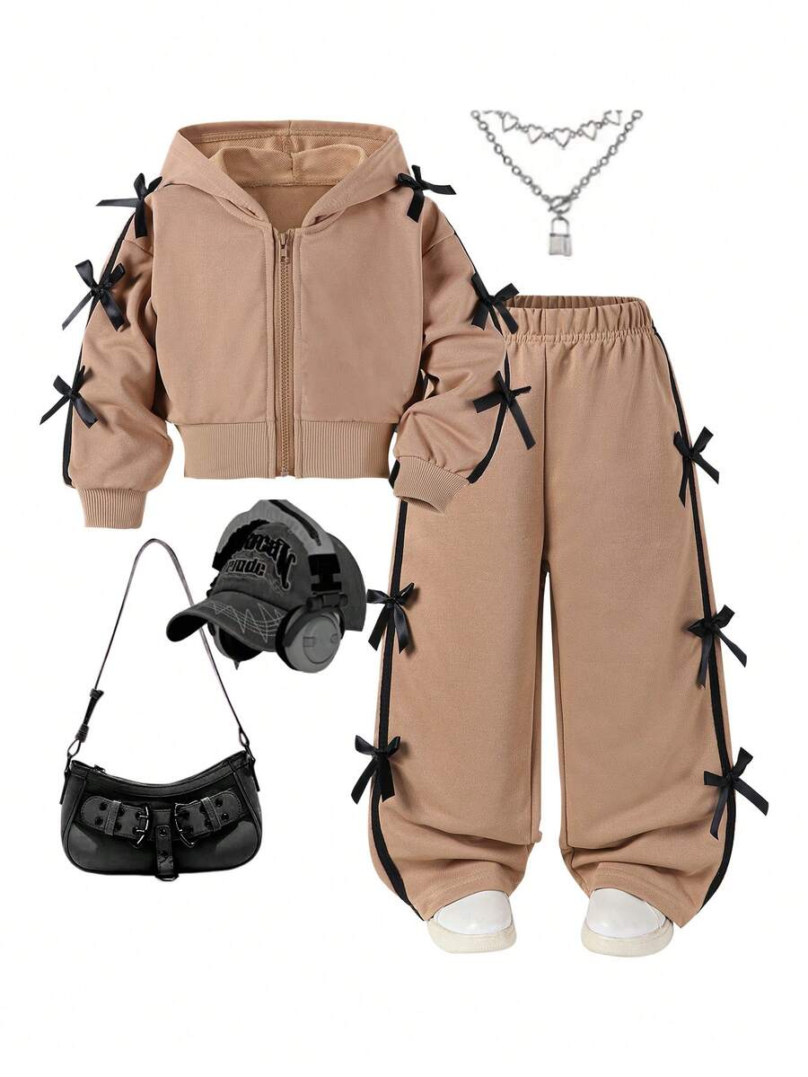 Girls Autumn/Winter Fashion Set, Short Hooded Sweatshirt With Bow Decor & Wide Leg Pants - Khaki - View 1